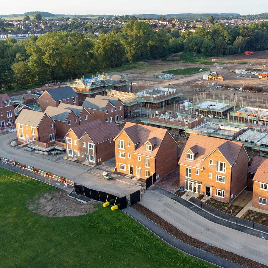 Aerial view of new build housing construction site